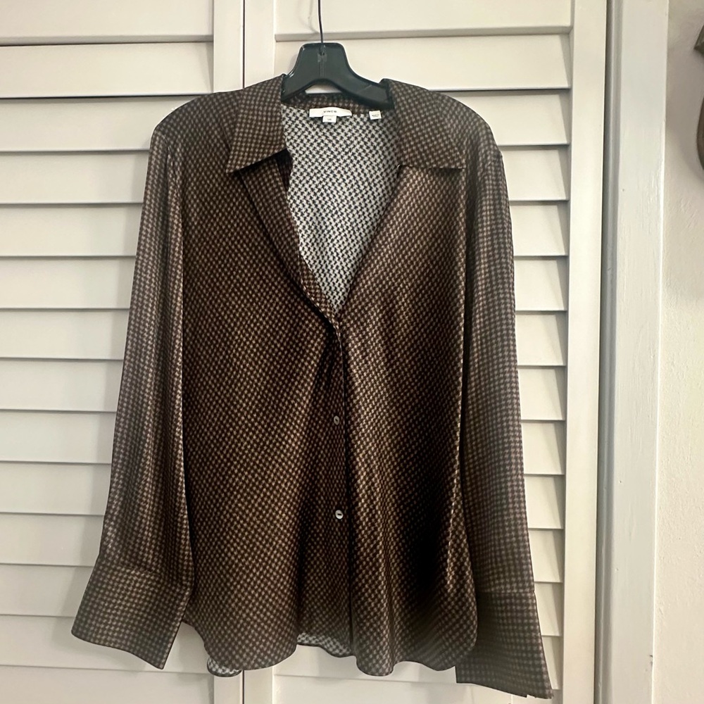 Vince Dark Brown & Black Houndstooth Silk Blouse